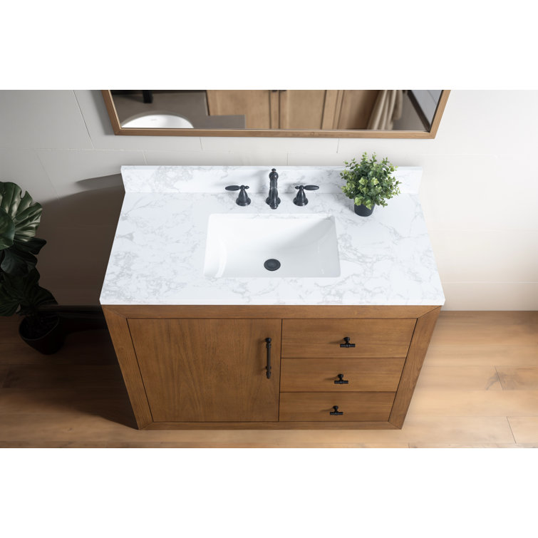 42" Tan Poplar Wood Single Bathroom Vanity with Marble Top