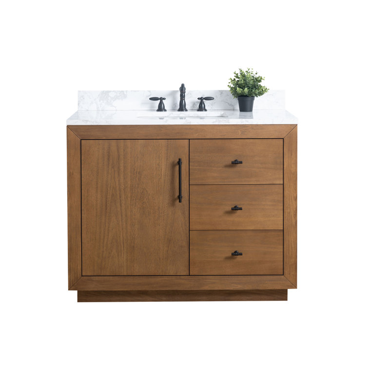 42" Tan Poplar Wood Single Bathroom Vanity with Marble Top