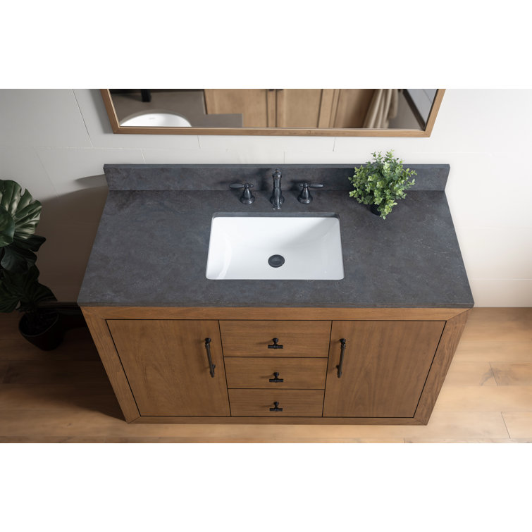48" Tan Poplar Wood Bathroom Vanity with Black Limestone Top