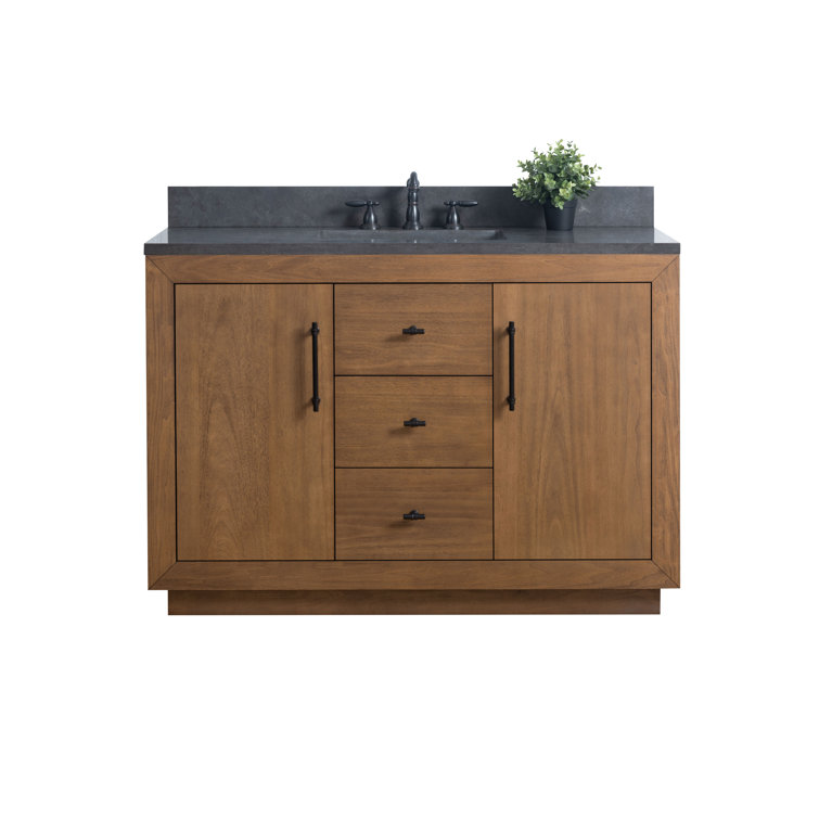48" Tan Poplar Wood Bathroom Vanity with Black Limestone Top