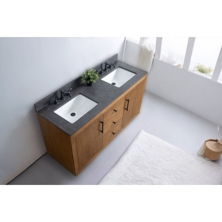 60" Tan Double Sink Bathroom Vanity with Black Limestone Top