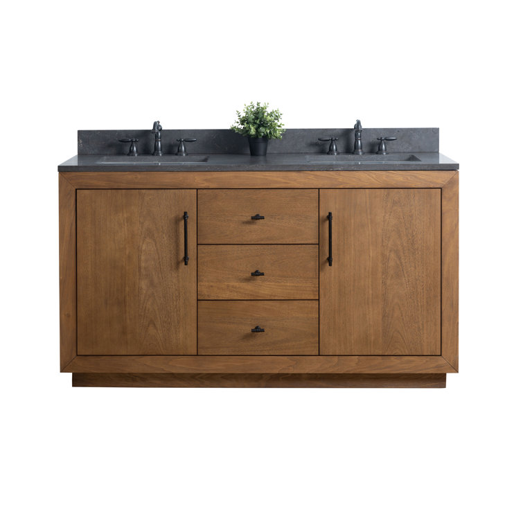 60" Tan Double Sink Bathroom Vanity with Black Limestone Top