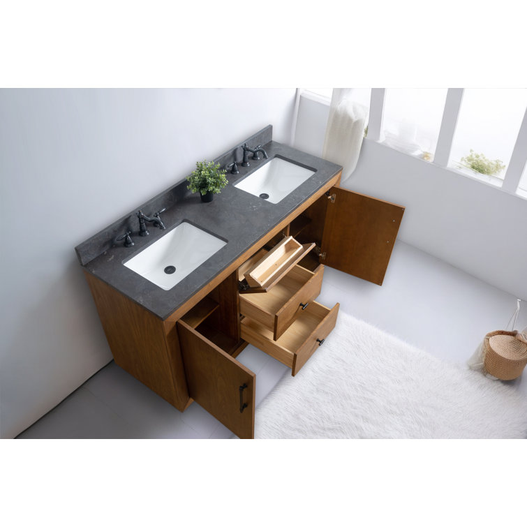 60" Tan Double Sink Bathroom Vanity with Black Limestone Top