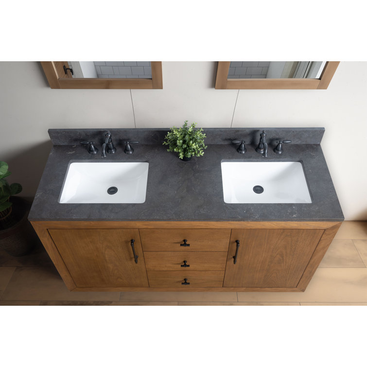 60" Tan Double Sink Bathroom Vanity with Black Limestone Top