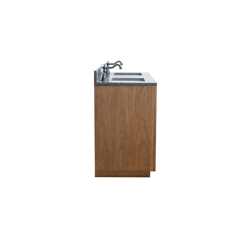 60" Tan Double Sink Bathroom Vanity with Black Limestone Top