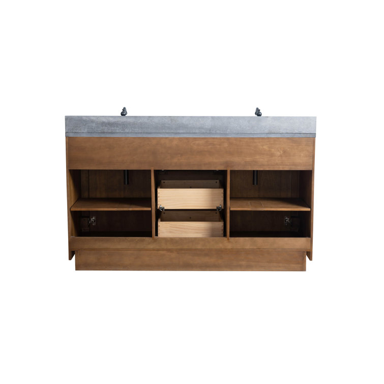 60" Tan Double Sink Bathroom Vanity with Black Limestone Top