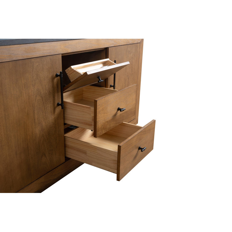 60" Tan Double Sink Bathroom Vanity with Black Limestone Top