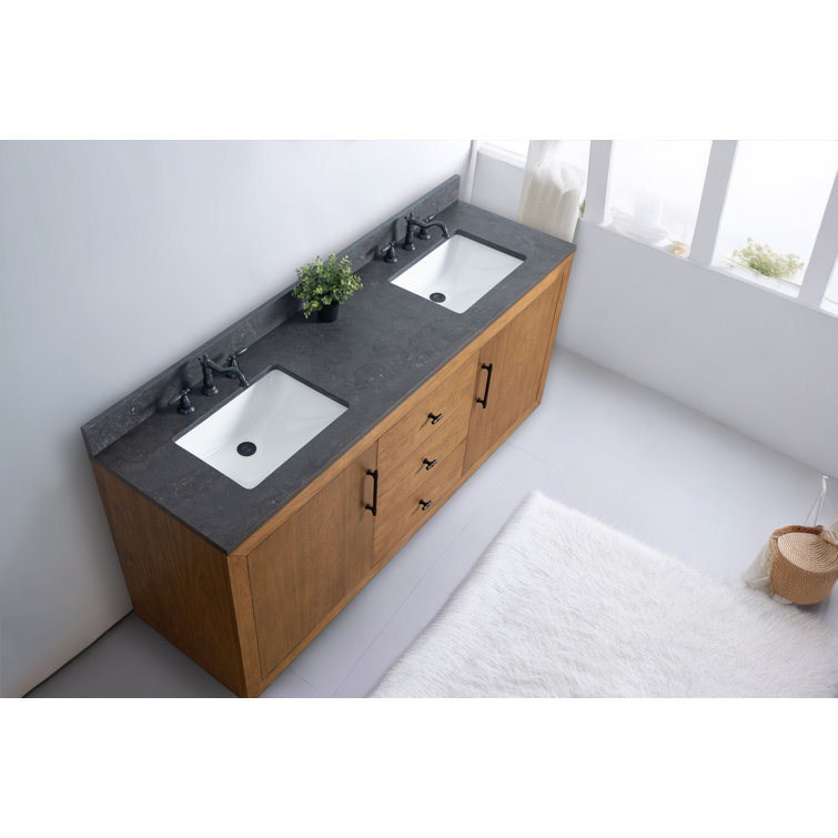 72" Tan and Black Limestone Double Sink Bathroom Vanity