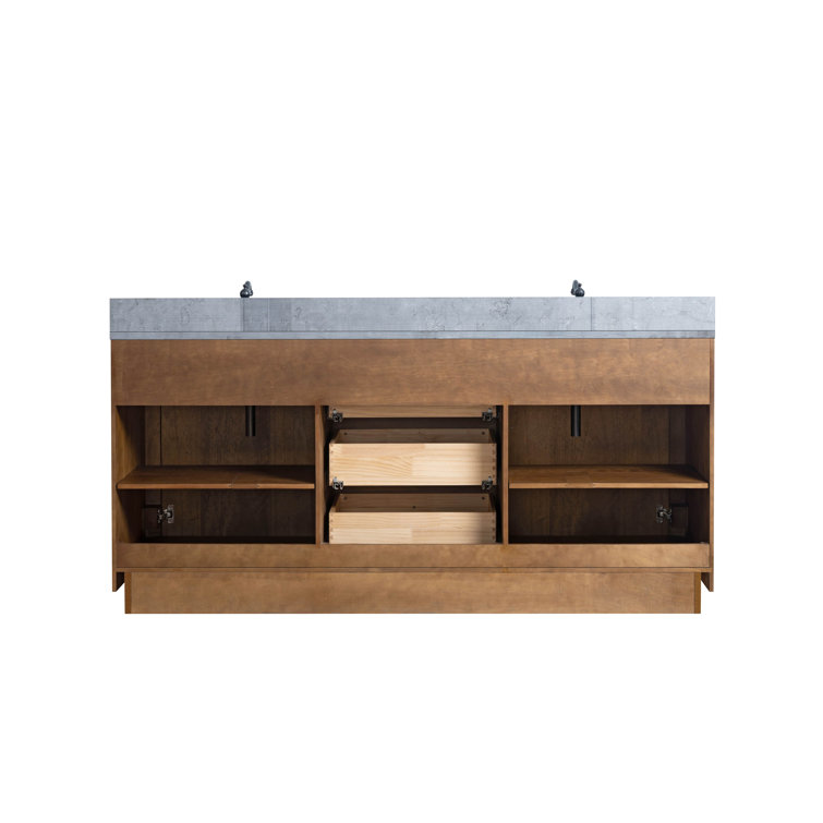 72" Tan and Black Limestone Double Sink Bathroom Vanity