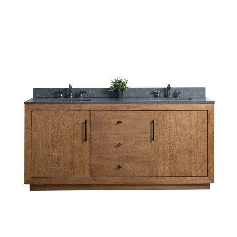 72" Tan and Black Limestone Double Sink Bathroom Vanity
