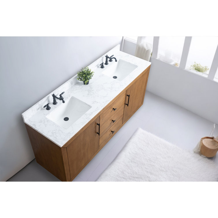 72" Tan Poplar Wood Double Sink Vanity with Arabescato White Marble Top
