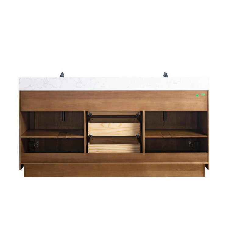 72" Tan Poplar Wood Double Sink Vanity with Arabescato White Marble Top