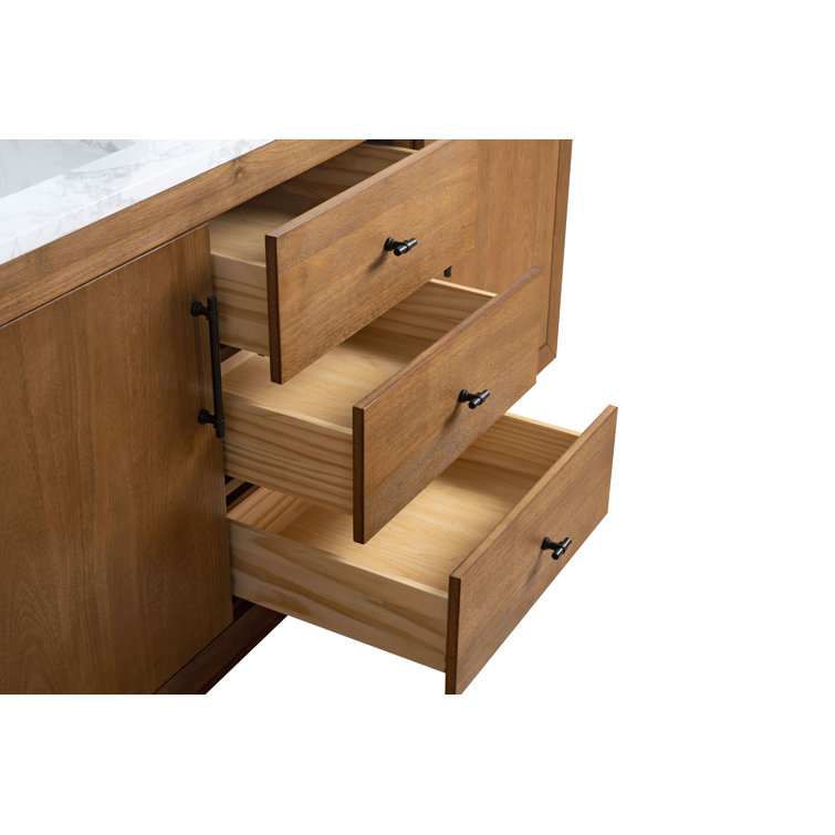 72" Tan Poplar Wood Double Sink Vanity with Arabescato White Marble Top