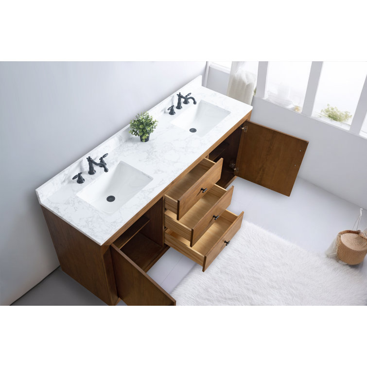 72" Tan Poplar Wood Double Sink Vanity with Arabescato White Marble Top