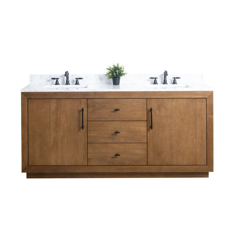 72" Tan Poplar Wood Double Sink Vanity with Arabescato White Marble Top