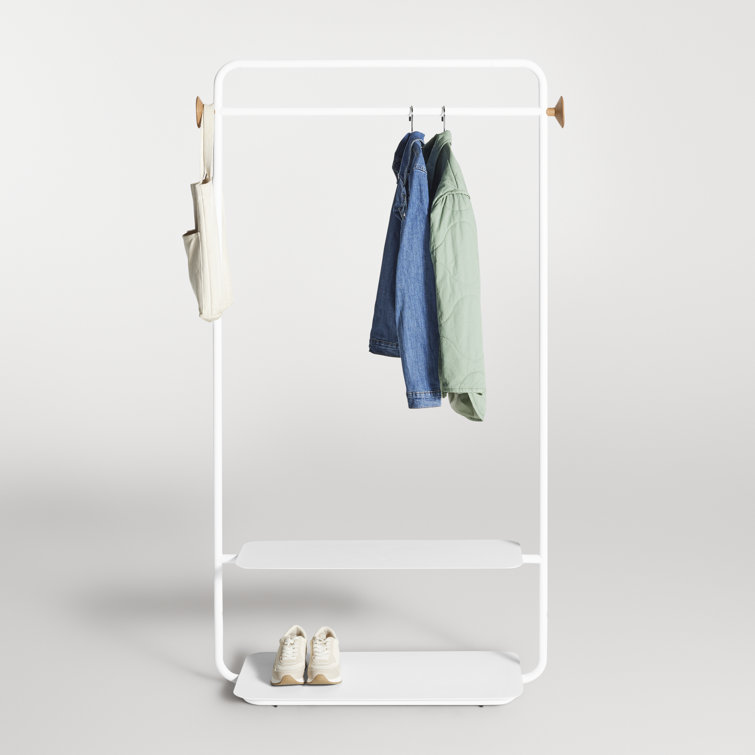 White Metal and Wood Garment Rack with Shelves