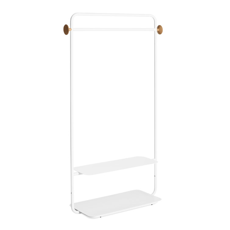 White Metal and Wood Garment Rack with Shelves
