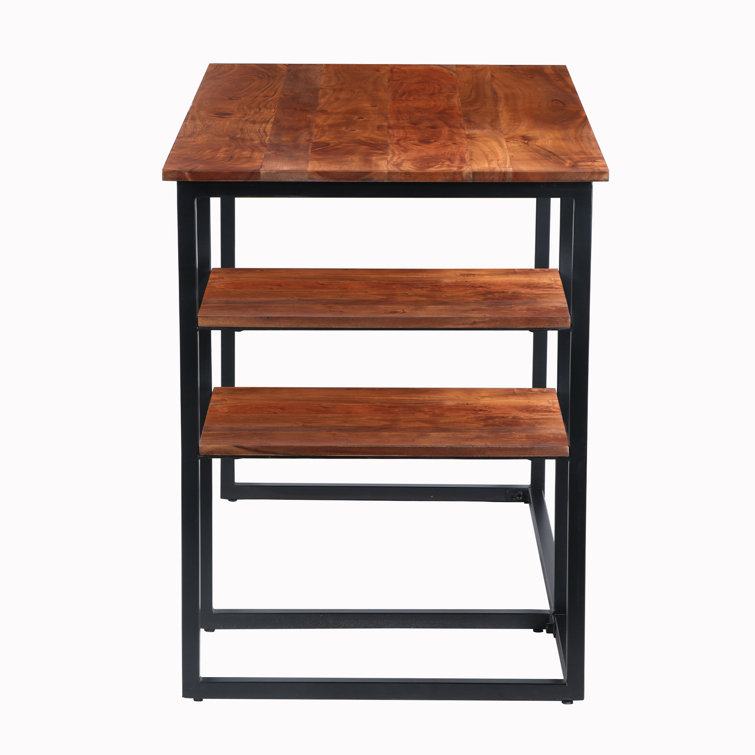 Minimalist Acacia Wood and Black Metal Desk with Side Shelves