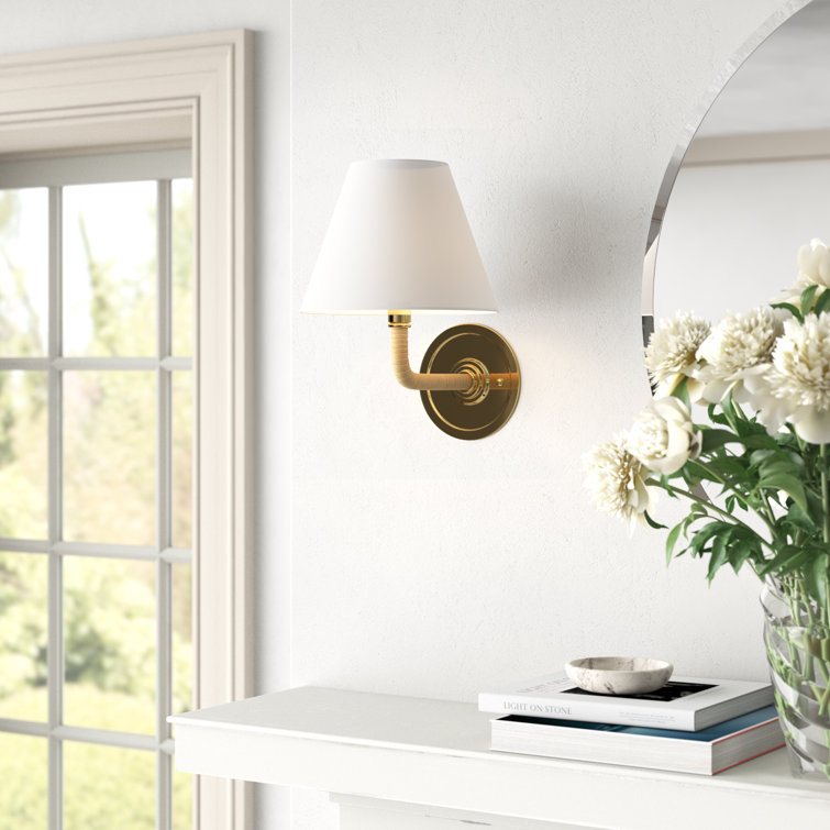 Curves No.1 Aged Brass Single Light Wall Sconce with Off-White Linen Shade