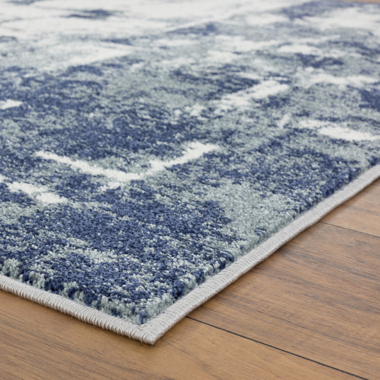 Blue and White Abstract Synthetic Rectangular Area Rug, 5' x 7'
