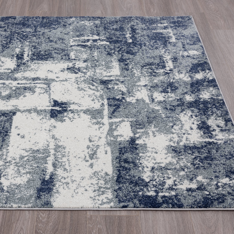 Blue and White Abstract Synthetic Rectangular Area Rug, 5' x 7'