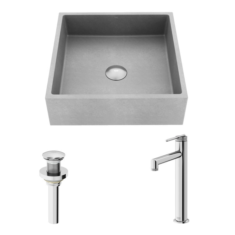Gray Concrete Square Vessel Sink with Chrome Faucet