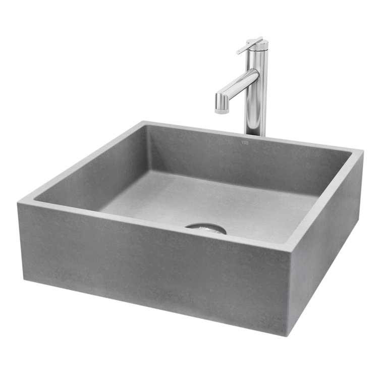 Gray Concrete Square Vessel Sink with Chrome Faucet