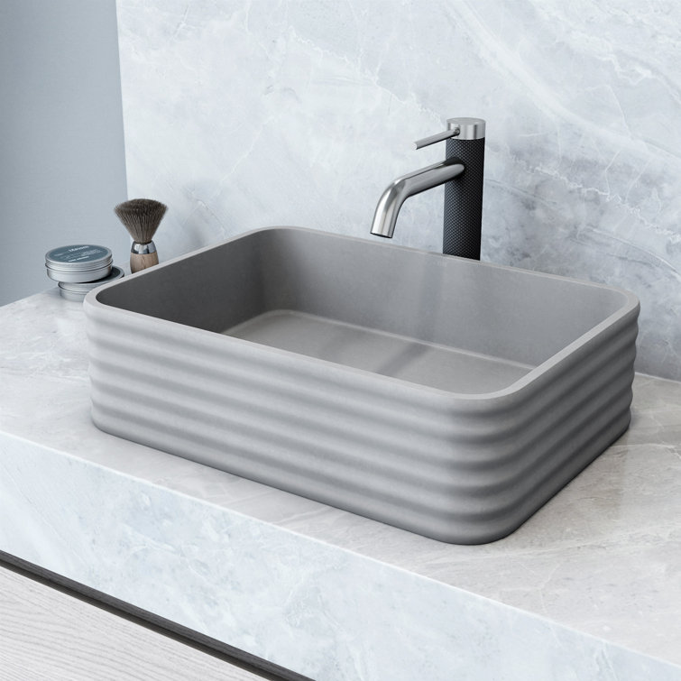 Gray Concrete Rectangular Vessel Sink with Brushed Nickel Faucet