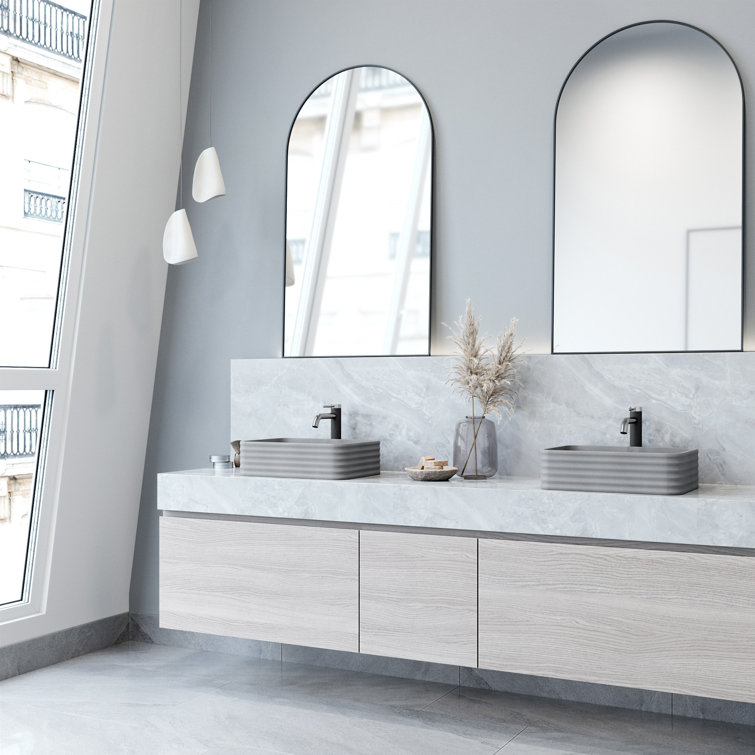 Gray Concrete Rectangular Vessel Sink with Brushed Nickel Faucet