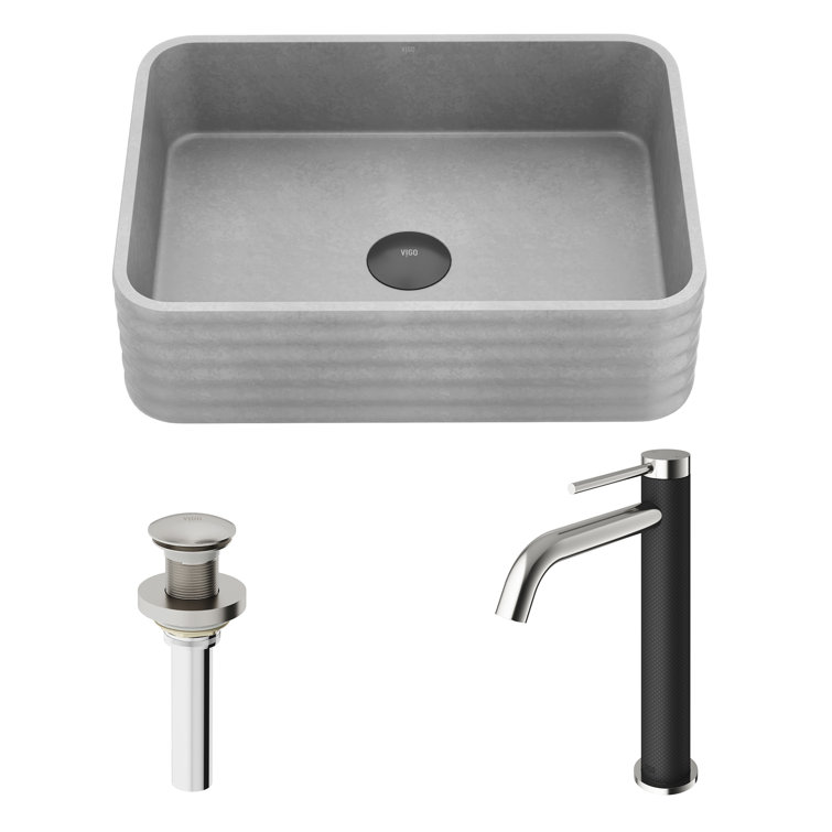 Gray Concrete Rectangular Vessel Sink with Brushed Nickel Faucet