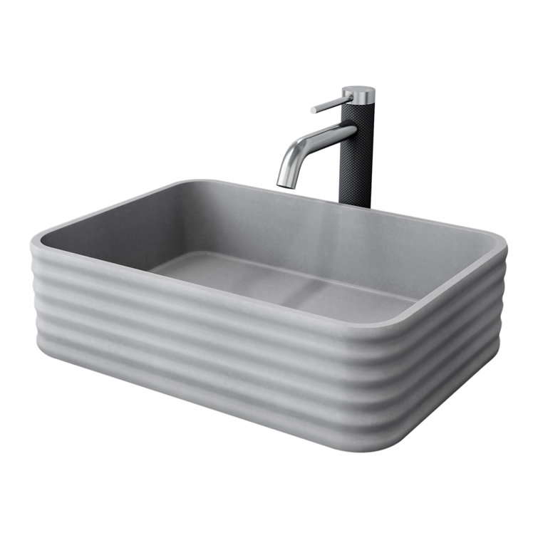 Gray Concrete Rectangular Vessel Sink with Brushed Nickel Faucet