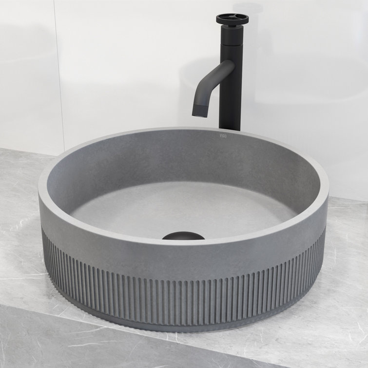Gray Stone Round Above-Counter Fluted Vessel Sink