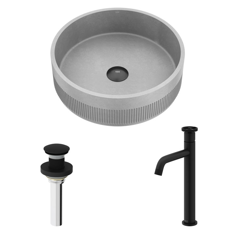 Matte Black Concrete Round Vessel Sink with Faucet