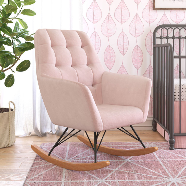 Pale Pink Velvet Upholstered Nursery Rocking Chair