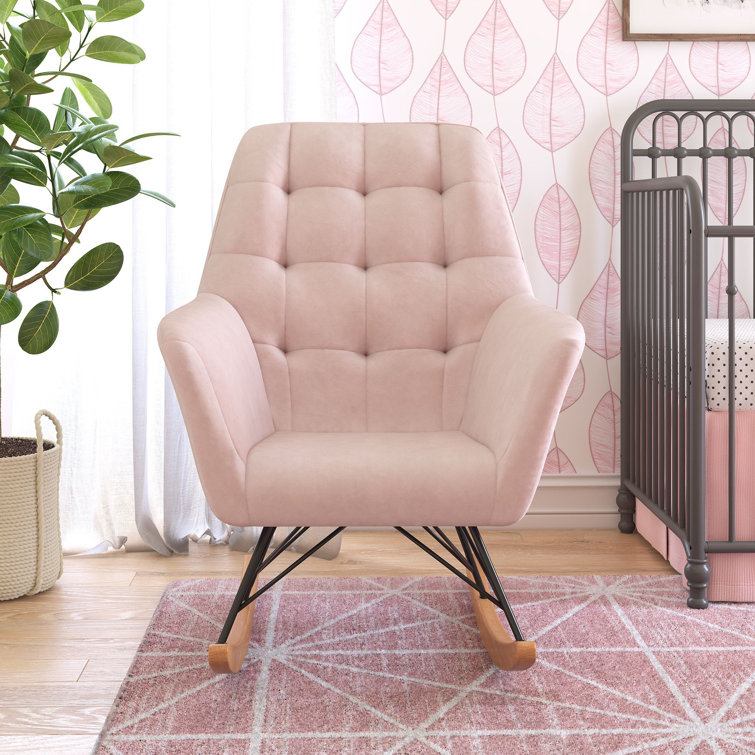 Pale Pink Velvet Upholstered Nursery Rocking Chair