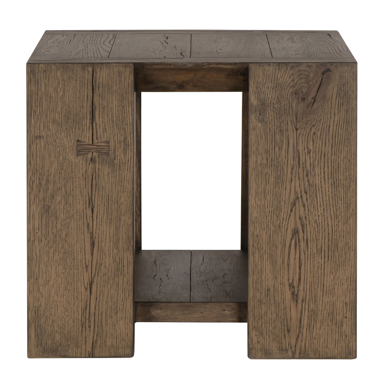 Antique Brown Oak Wood Rectangular End Table with Shelf