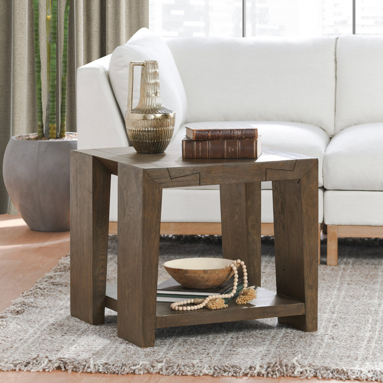 Antique Brown Oak Wood Rectangular End Table with Shelf