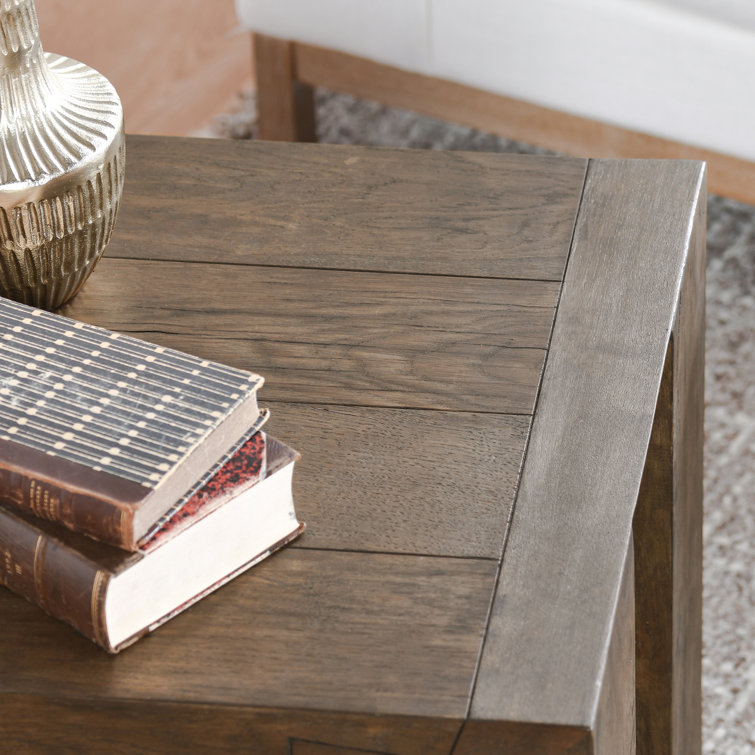 Antique Brown Oak Wood Rectangular End Table with Shelf