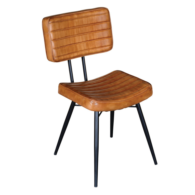 Camel Genuine Leather Upholstered High Side Chair with Metal Legs