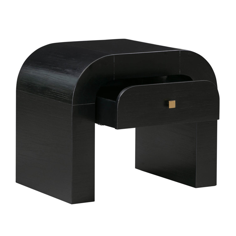 Modern Acacia Black Nightstand with Rounded Silhouette and Gold Accents