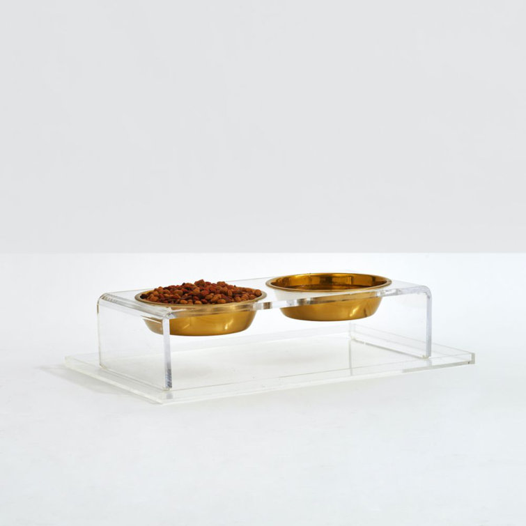 Small Clear Acrylic Elevated Feeder with Gold Bowls