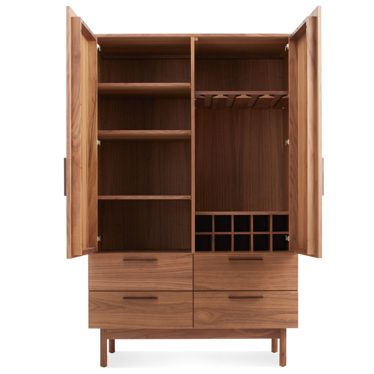 Walnut Solid Wood Bar Cabinet with Leather Pulls