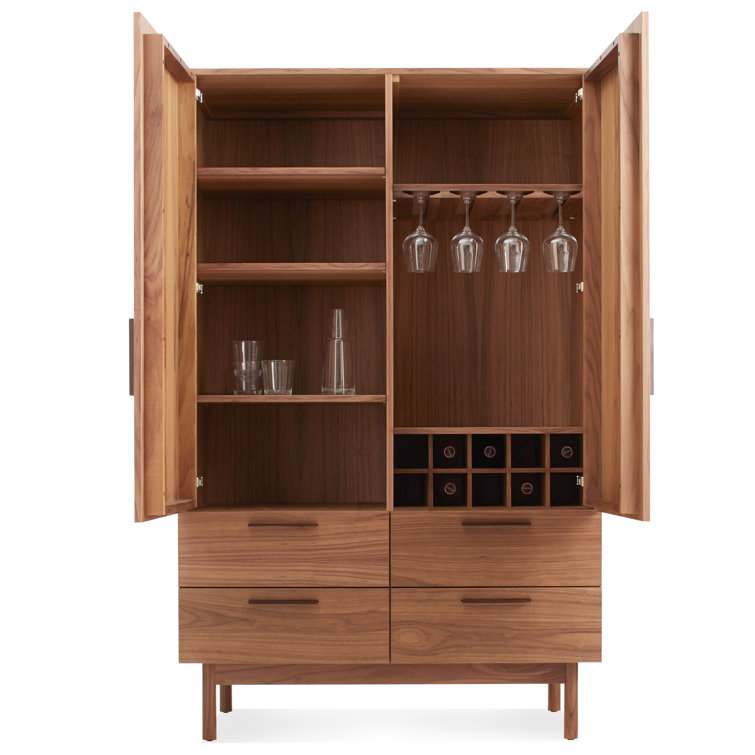 Walnut Solid Wood Bar Cabinet with Leather Pulls