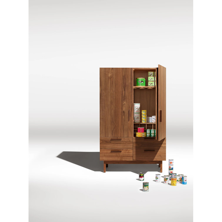 Walnut Solid Wood Bar Cabinet with Leather Pulls