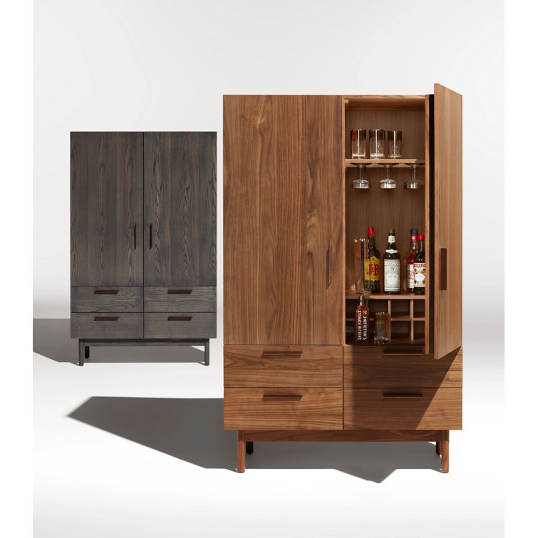 Smoke Solid Wood Bar Cabinet with Leather Pulls