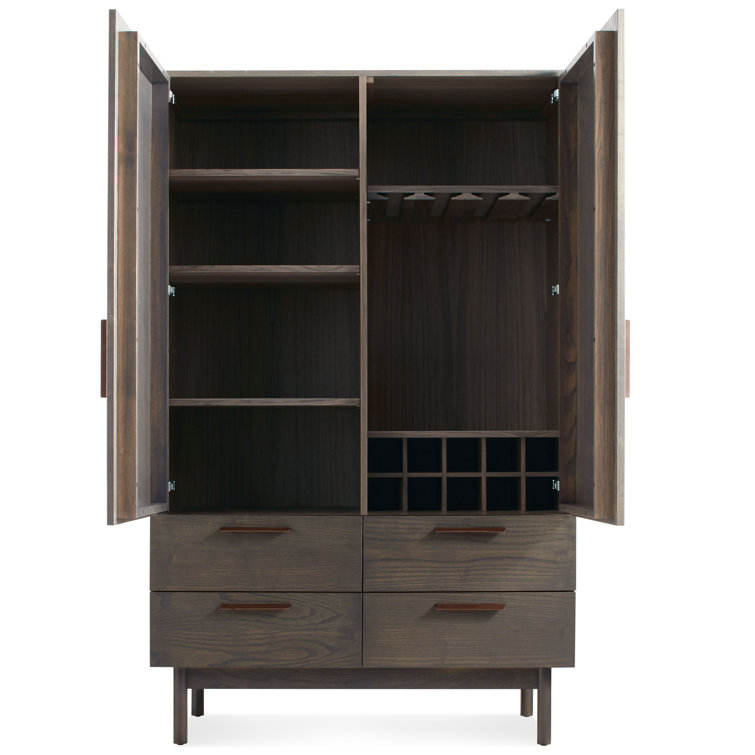 Smoke Solid Wood Bar Cabinet with Leather Pulls