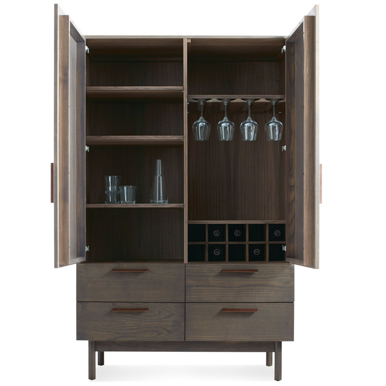 Smoke Solid Wood Bar Cabinet with Leather Pulls
