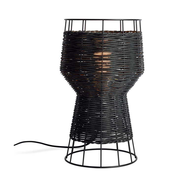 Black Metal and Rattan Table Lamp with Architectural Design