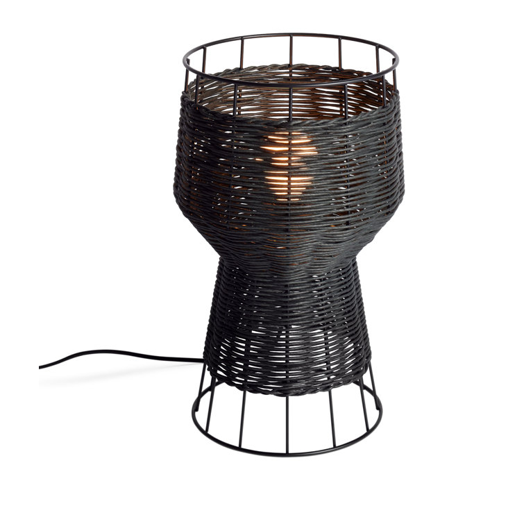 Black Metal and Rattan Table Lamp with Architectural Design