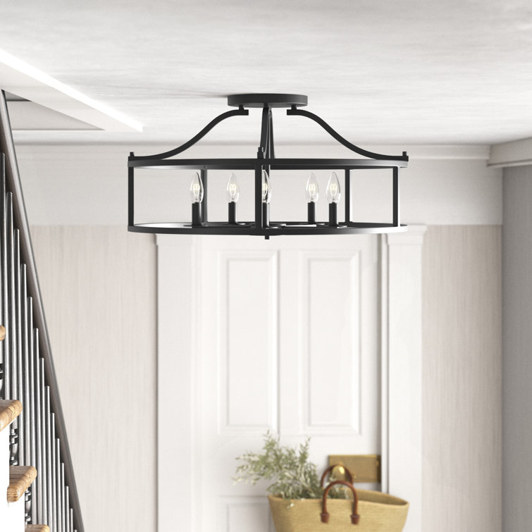 Black Steel 5-Light Caged Drum Semi Flush Mount